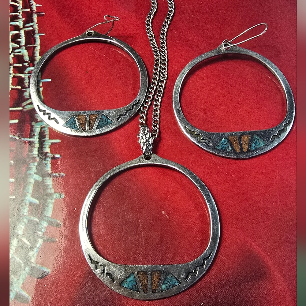 Southwestern Sterling Silver Turquoise And Coral Earrings And Necklace Set